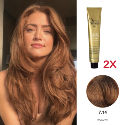 2X Fanola Oro Puro Hair Coloring Cream 7.14 Hazelnut 100ml