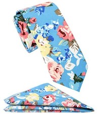 ZENXUS Mens Casual Skinny Floral Tie Combo Set with Flower Pocket Havana Blue