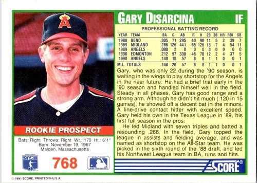 1991 Score - Gary DiSarcina #768 - Picture 2 of 2
