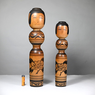 RARE: Master ZENJI SATO Kokeshi Pair, TSUGARU School, Japan 1950s/60s- Large 14''