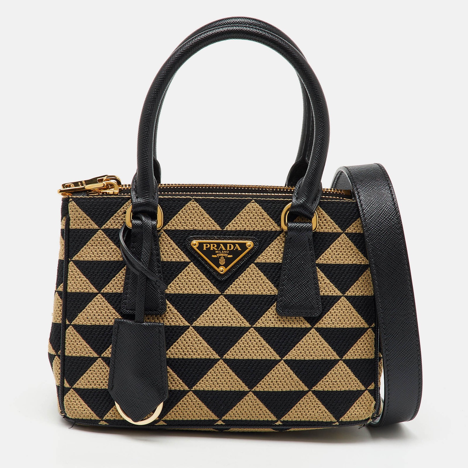 Prada Mini Galleria Bag in Beige Black Jacquard Triangolo Saffiano Leather