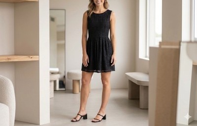 FB Sister Woment's Fit & Flare Black Crochet Lace Dress SZ Medium LBD Romantic