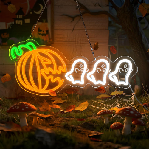 Halloween Leuchtreklame Kürbis und Geister, gruselige LED Wandleuchte für Halloween Deko - Bild 10 von 12