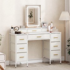 Dressing Table with LED Light and Mirror, Vanity Desk with 10 Drawers, White