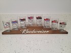 Nascar Budweiser Racing Set Of 8 Pint Glasses Motor Speedways Wood Display Rack — photo 5