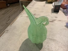 Vintage LEFTON Green & White Swirl Art Glass Pointed Pitcher Vase with Handle