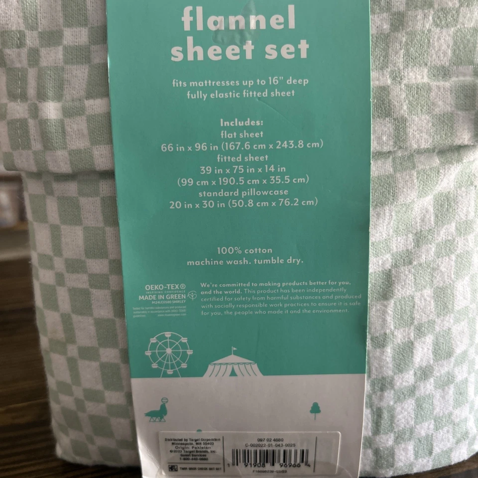 3 件套 Pillowfort 绿色方格法兰绒双张套装全新带包装 — 第 2/2 张图片