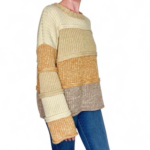 Entro Pullover beige braun hellbraun gestreift Patchwork ausgestellte Ärmel - Bild 4 von 8