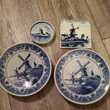 Vintage Delft Blauw Windmill 2 Plates, Tile,Coaster Handpainted Made in Holland 