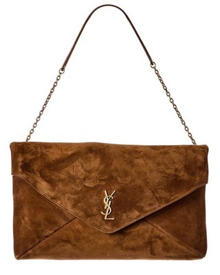 Saint Laurent Cassandre Xxl Suede Pouch On Chain Women's Brown