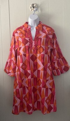 Printfresh Isabella Mini Dress Underwater Mosaic Pink Cotton Geometric Sz Small