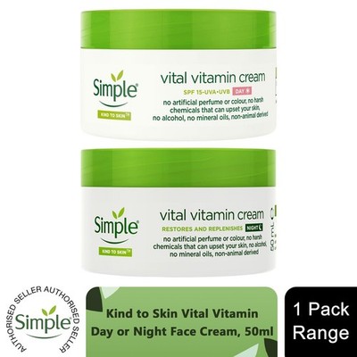Simple Kind To Skin Gesichtscreme 50ml Tag LSF 15 oder Nacht Feuchtigkeitspflege