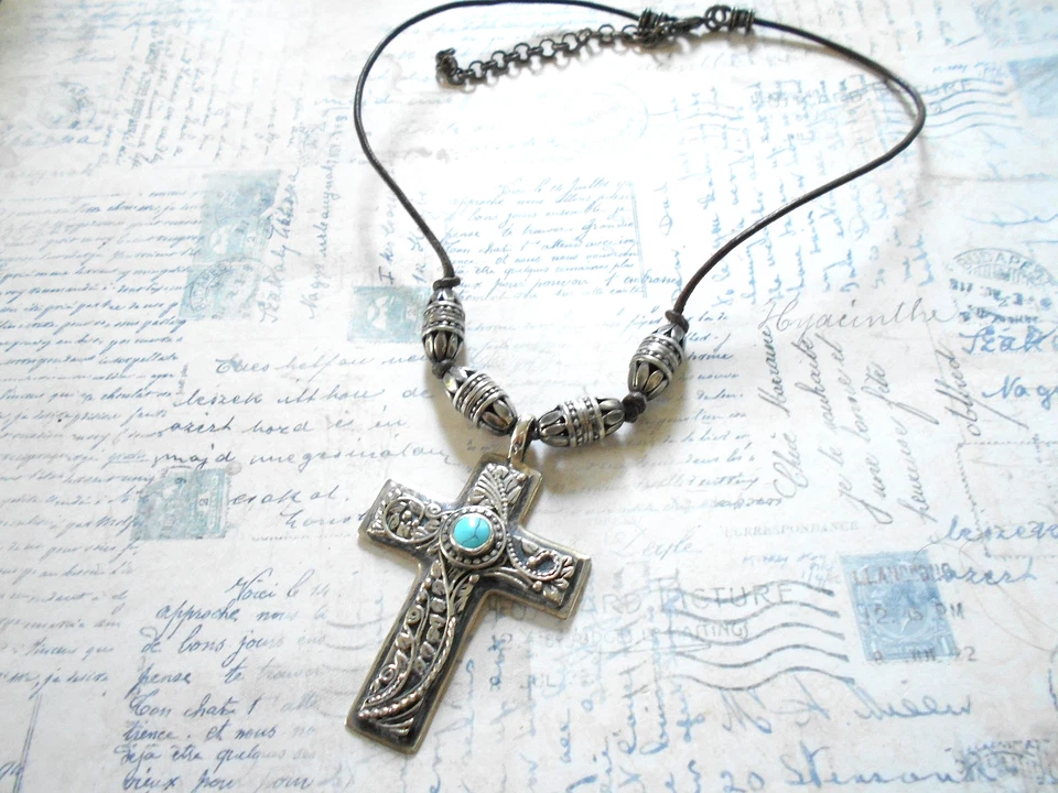 Sterling Silver M. Kline Colorado Large Turquoise Cross Pendant Necklace   RE145 - Image 2 of 4