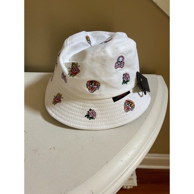 Ed Hardy White Bucket Hat Tattoo Embroidered Tiger Skull Rose Y2K Streetwear NEW