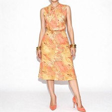 70s Vintage Floral Skirt Set Womens S Orange Floral Tie Neck Top Midi Watercolor