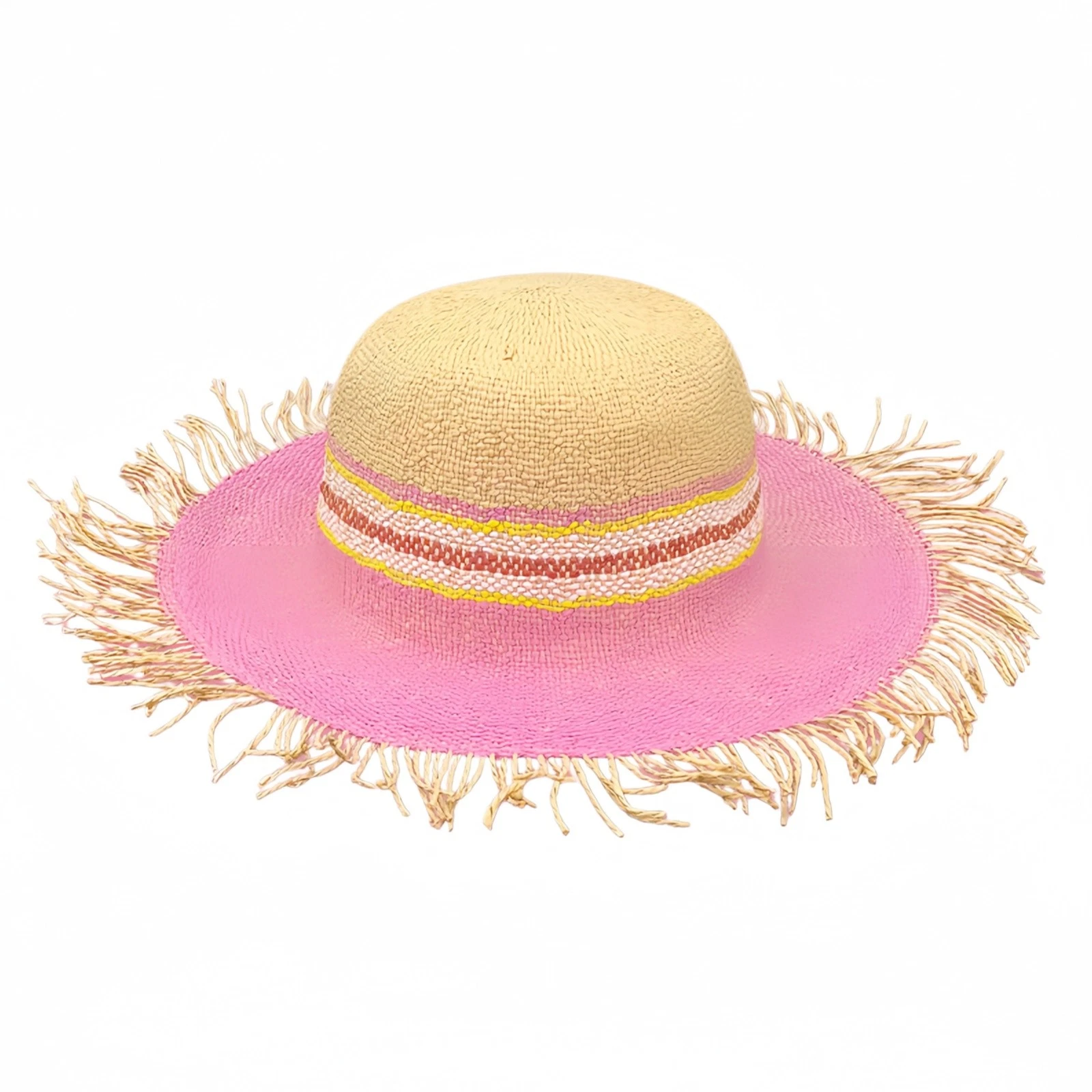 Women's Dopamine Pink Fringe Straw Sun Hat Wide Brim Summer Beach Vacation Cap