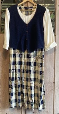 80s 90s Vintage Allison-Che Vest Dress Retro Navy Cream Checked Floral- AS IS
