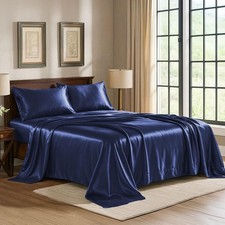 Satin Sheets Full 4-Piece, Midnight Blue Hotel Luxury Silky Bed Sheets - Ex...