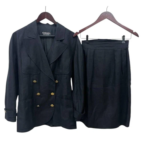 Tuta Chanel vintage in lino con bottoni cocco per donna autentica moda di fascia alta fro