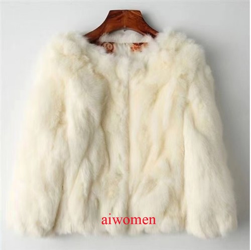 Women's Winter Real Rabbit Fur Jacket Crew Neck Thick Coat 3/4 Sleeves Outwear