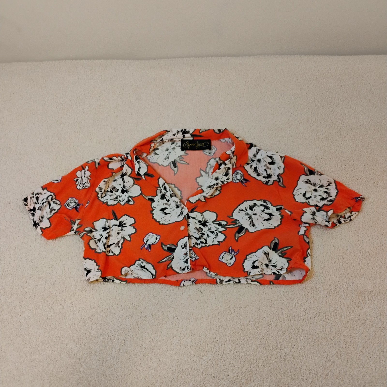 Spoon Jeans Button Down  Collared Crop Top Hawaii… - image 1