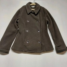 Lands' End Girls Pea Coat Brown/Pink Accents Small 7-8 Button-Up Pockets