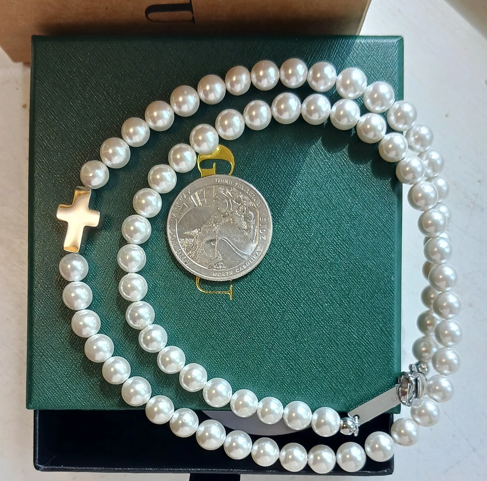 Vendedor de EE. UU. 50% DE DESCUENTO 20" Unisex Shell Perla con Abalorio de Acento de Cruz Inoxidable, Cierre Foto 3 de 4