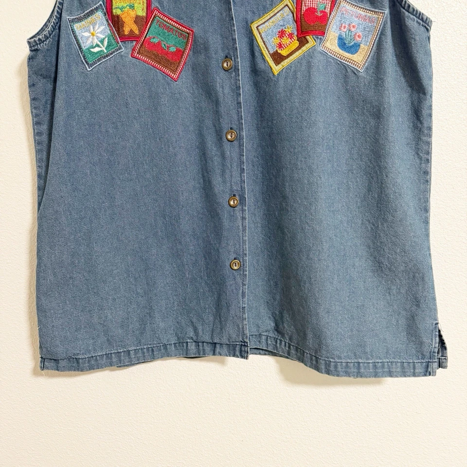 Tanque Cambray Vintage Años 90 Bordado Semilla Jardín Abotonada Azul Talla XL Foto 4 de 4