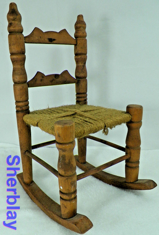 VTG Miniature Twine Woven Rush Seat Rocking Arm Chair Doll Furniture 12" High