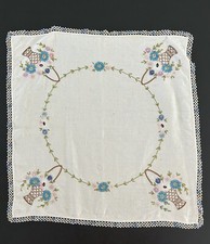 Hand Embroidered Tablecloth Table Topper Square Basket Floral Off White 20"