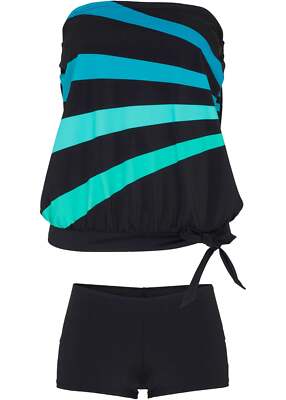 2-tlg Set Tankini Gr 40 Schwarz Türkis Gestreift Damen Bademode Schwimmanzug Neu