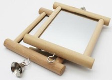 Double Side Mirror Wood Pet Parrots Birds Toy With Bell Hang On Cage