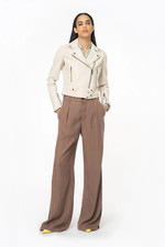 Pinko Nappa Leather Biker Jacket Size 50 Beige-oatmeal