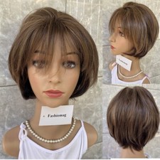 Short Bob Cut Soft Brown Mix Human Hair Blend Heat Ok Wigs Women Natural