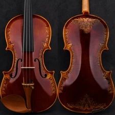 A30+ Master Antique Strad 1715 Copy Carved Flower Violin 4/4 European Wood Clear