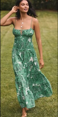 NWT Anthropologie XL Josephine Smocked Drop-Waist Dress Green Floral Dress New