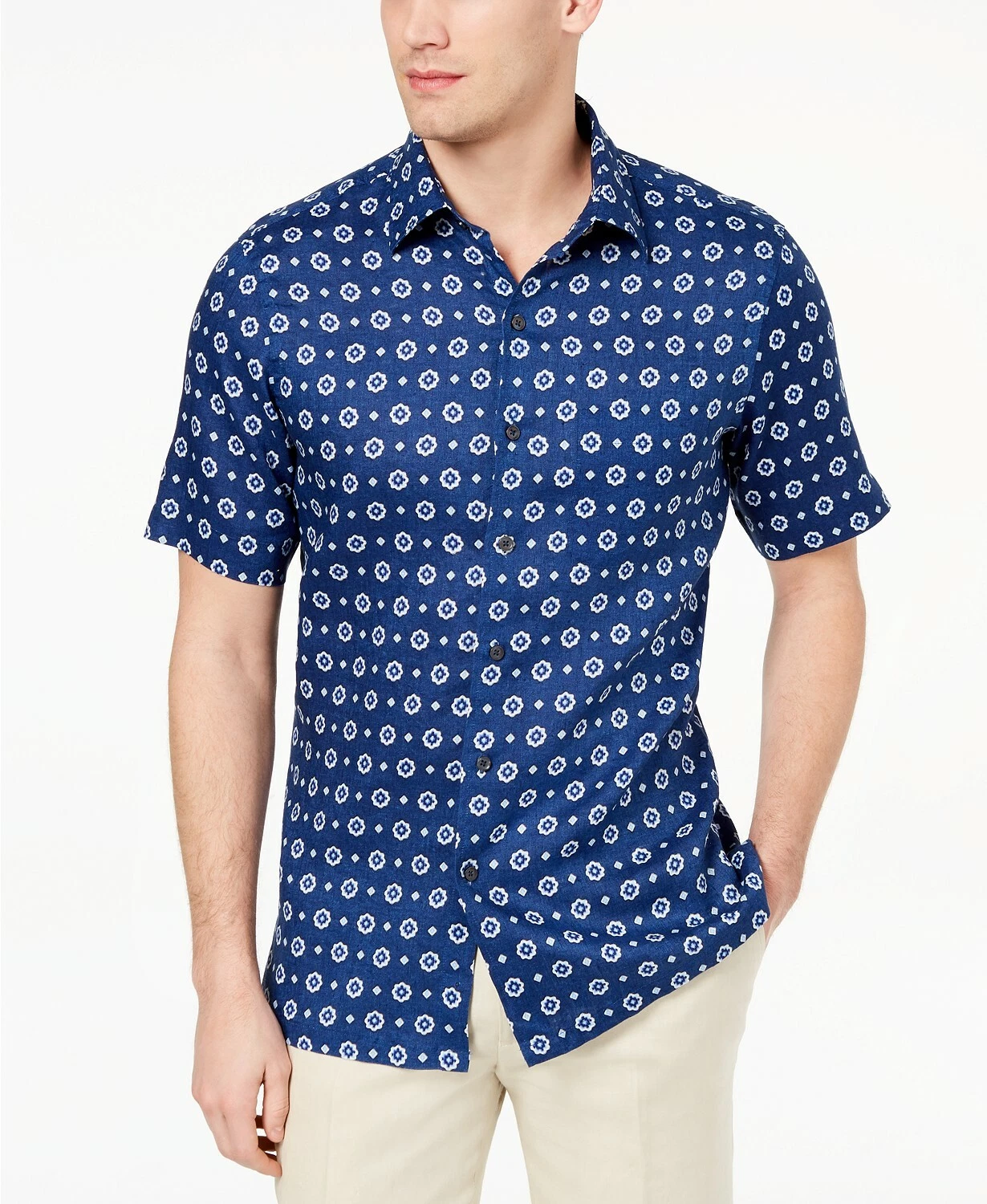 Tasso Elba Island Men's Medallion-Print Linen Shirt Size XXL