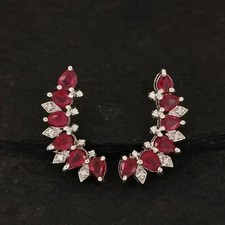 2Ct Pear Cut Lab Created Red Ruby Leaf Line Stud Earrings 14K White Gold Plated