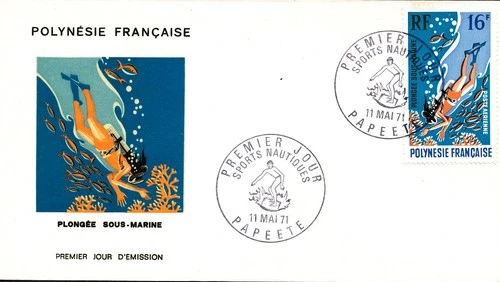 WATER SPORTS SKINDIVING SURFING 1971 FRENCH POLYNESIA 4 FDC