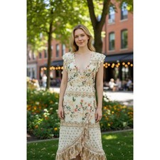 Farm Rio Anthropologie Floral Ruffle Trim Wrap Maxi Dress Bohemian Cottagecore
