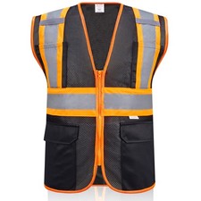 High Visibility Reflective Safety Vest with Zipper and Pockets Black,XL