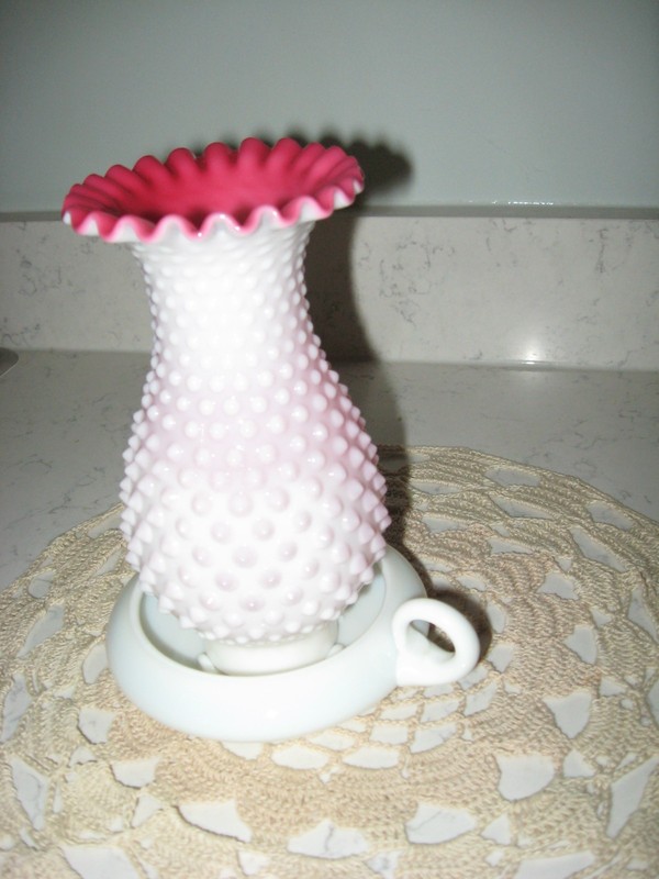 Fenton Peach Blow Hobnail Hurricane Lamp 1952-1953
