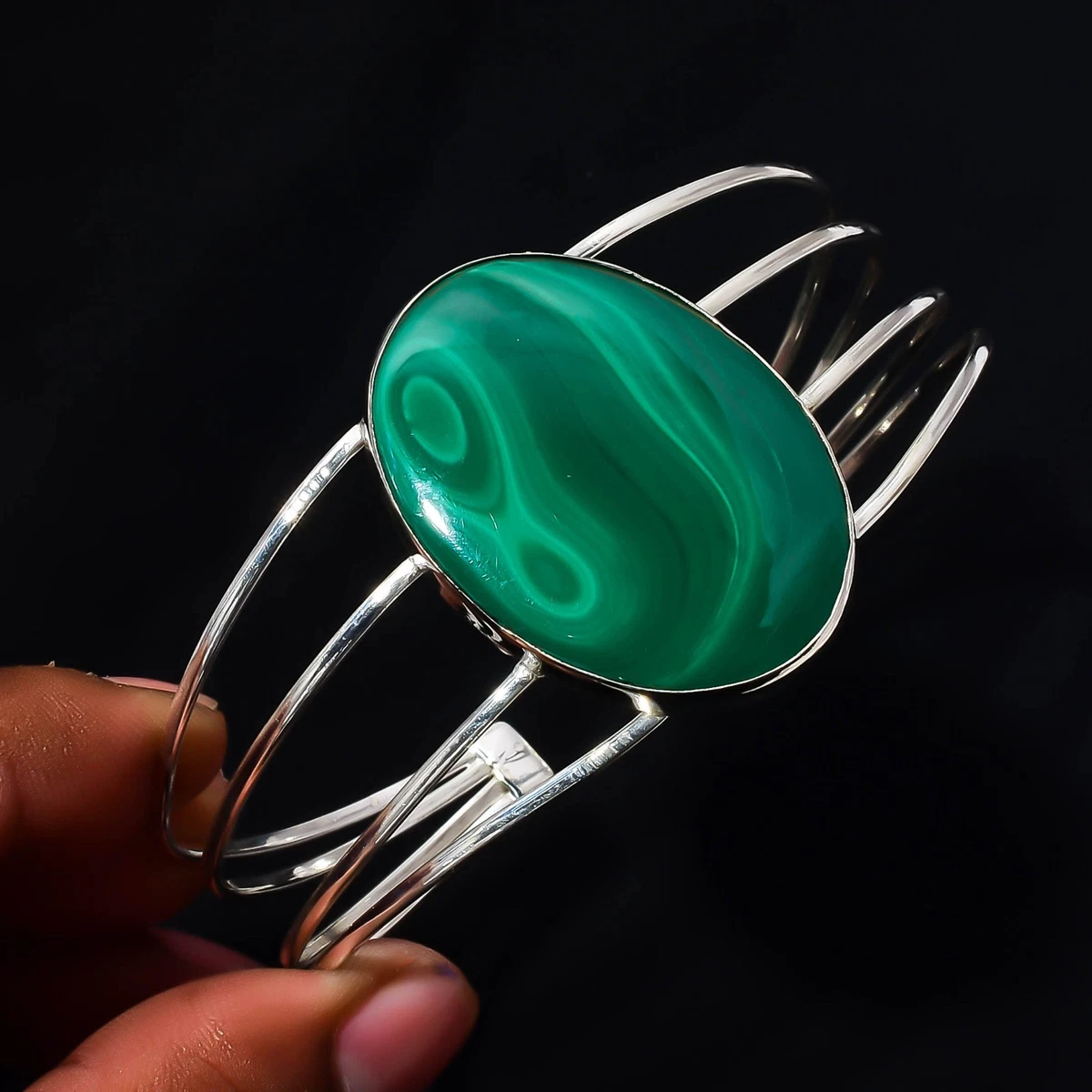 Malachite Gemstone 925 Sterling Silver Handmade Bangle Jewelry Gift For Love