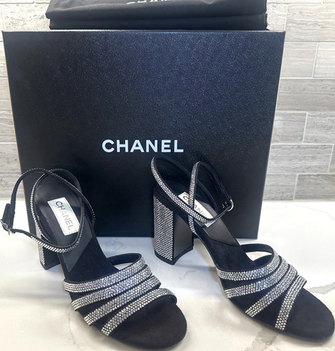 CHANEL sandals black silver rhinestone ankle strap suede open toe EU 36.5 NEW - Picture 1 of 8