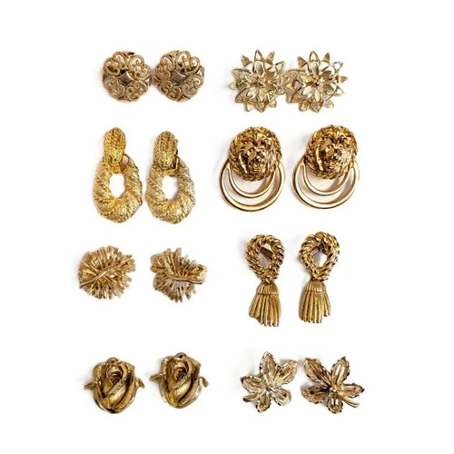 Lot 8 Pairs Vintage Gold Tone Clip On Earrings Costume Jewelry Lion Tassel