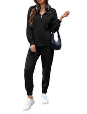 Women's Waffle Knit 2 Piece Outfits Lounge Sets 1/4 Zip Up Pullover Long Slee...