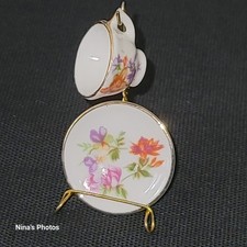 VTG Porcelain Floral Tea Cup Dish Plate Set w/ Display Dollhouse Miniature Mini