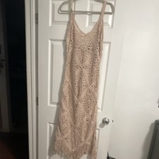 Nasty Gal Beige Crochet Fringe Hem V-Neck Slip Midi Dress Straps Size M
