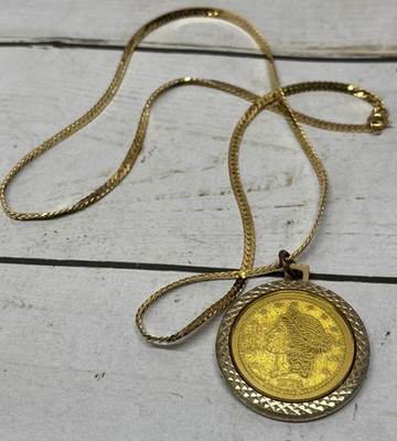 Reproduction Gold Tone 20 Dollar Gold Coin Necklace Good Condition 10.5  Drop