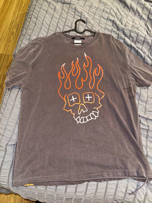 Ksubi Men's Gray Skull & Fire Graphic Double-Sided Crew Neck T-Shirt XL